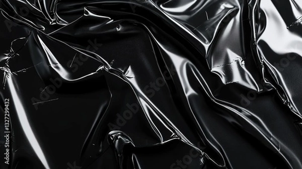 Fototapeta Black plastic wrap texture background, close-up view. Abstract black crumpled foil pattern. 