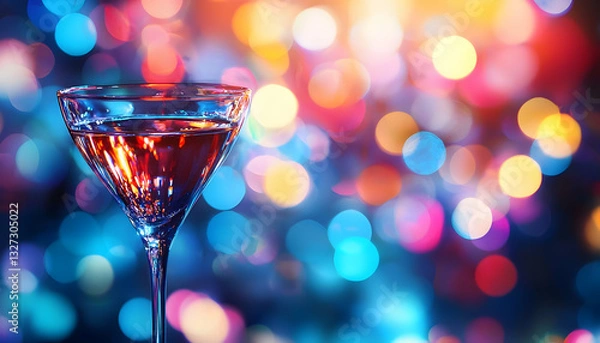 Fototapeta Drinking Glass with Beverage on Festive Bokeh Light Background
