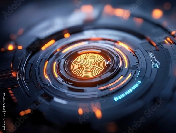 Fototapeta A futuristic design featuring a glowing orange fingerprint surrounded by a circular, high-tech interface with intricate patterns and vibrant colors.