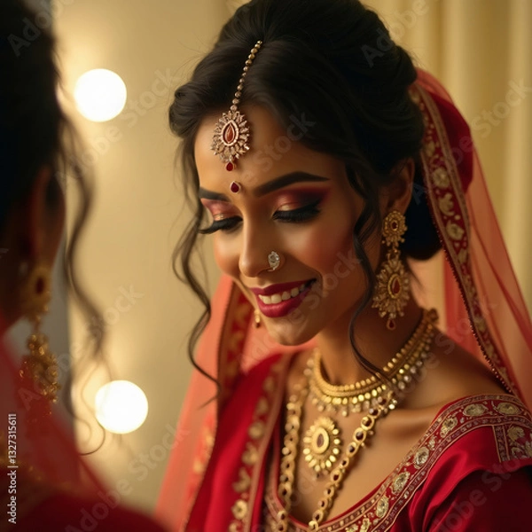 Fototapeta Serene bride at vanity mid-makeup with ornate bindi and glowing skin in warm, intimate bridal prep, generative ai