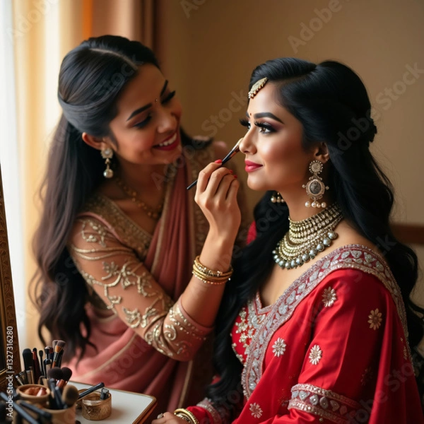 Fototapeta Stunning bride in gold-framed mirror with crimson sari and delicate blush exudes refined elegance, generative ai