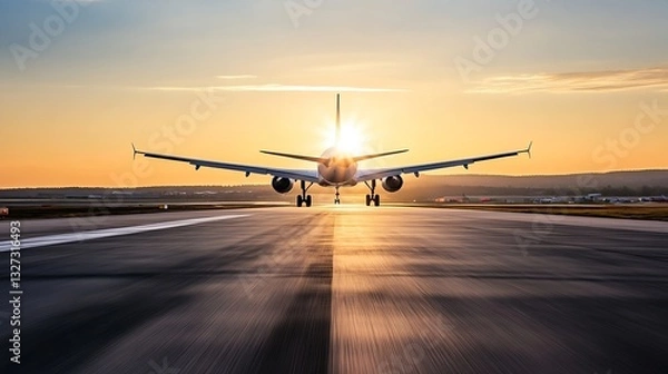 Fototapeta Airplane landing on runway during vibrant sunset with rays shining behind : Generative AI