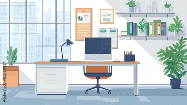 Obraz A clean and organized office space with a desk, chair, computer monitor