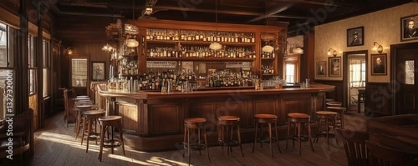 Fototapeta A large, rustic wooden bar with a counter and barstools, front view, interior of an old Western saloon.