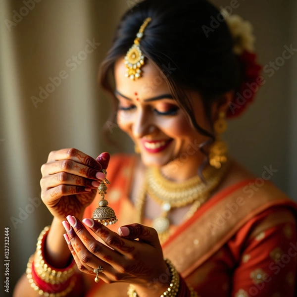 Fototapeta Closeup of bride's hands cradling kalire with henna, bangles and red chooda exuding fresh beginnings , generative ai