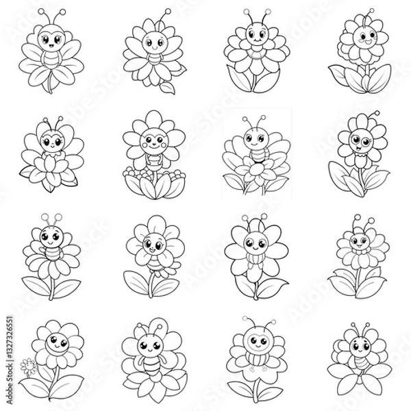 Fototapeta Set of Cute kawaii cartoon character bee in the flower garden coloring page, vector printable worksheets for preschool
