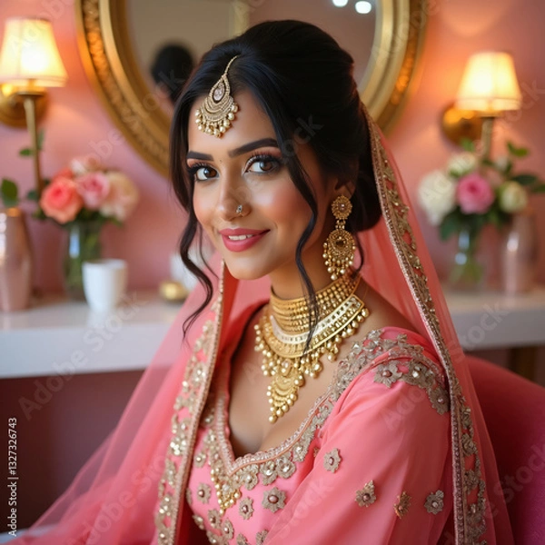 Fototapeta Elegant bride in pink lehenga at beauty parlor with radiant features and soft decor exudes refined grace, generative ai