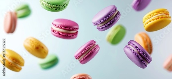 Fototapeta Colorful floating macarons in various flavors and pastel colors against soft background