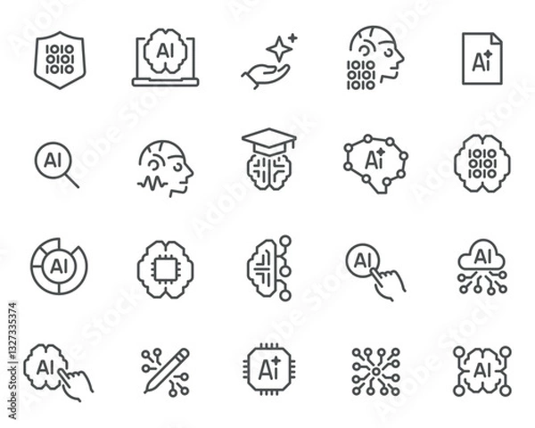 Fototapeta Editable vector icons in a linear style on the theme of artificial intelligence and technology. Popular AI symbols, ready for use.