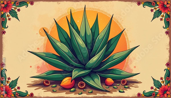 Obraz Vibrant illustration of an agave plant with decorative elements for Cinco de Mayo celebration
