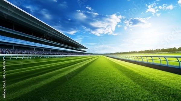 Fototapeta Vibrant horse racing track under a clear blue sky with spectators enjoying the event