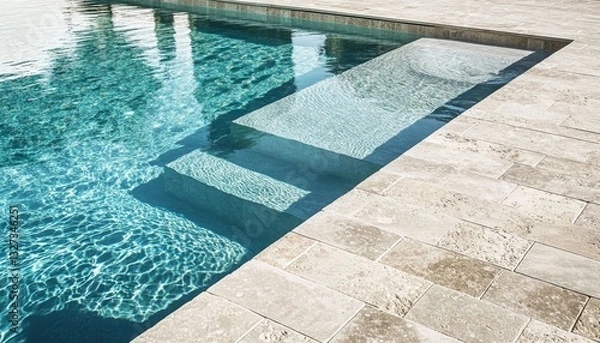 Fototapeta Elegant swimming pool with stone tile decking and crystal clear water