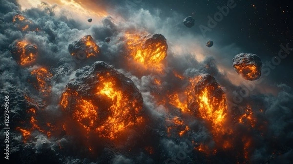 Fototapeta Fiery asteroid cluster in space