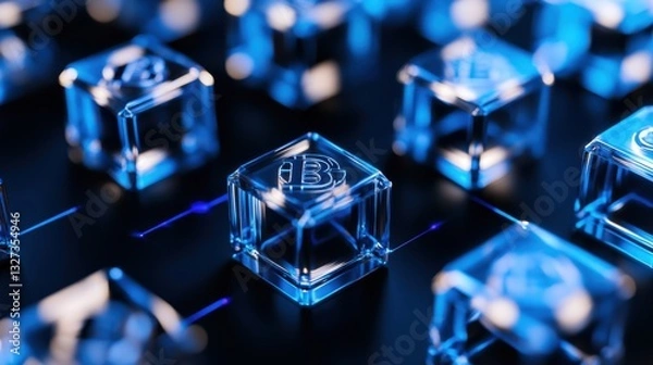 Fototapeta A close-up digital rendering of transparent cubes with glowing Bitcoin "B" symbols embedded inside, set against a dark background with blue light streaks