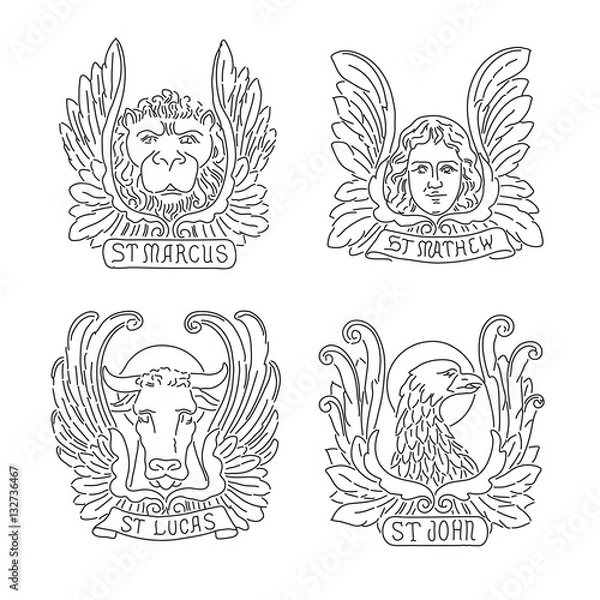 Obraz Cztery symbole linii ewangelistów: anioł, lew, byk i orzeł. Matthew, Mark, Luke, John.