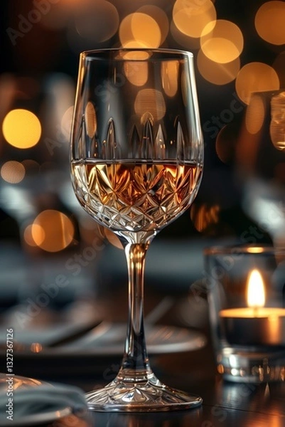Fototapeta Elegant glass of wine on a beautifully set table with warm bokeh lights, creating a cozy atmosphere.