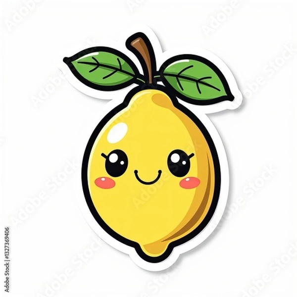 Fototapeta Cartoon mango character with a smiling face, surrounded by fresh fruits like orange and tomato, with a cute leaf, conveying a fun and healthy vibe