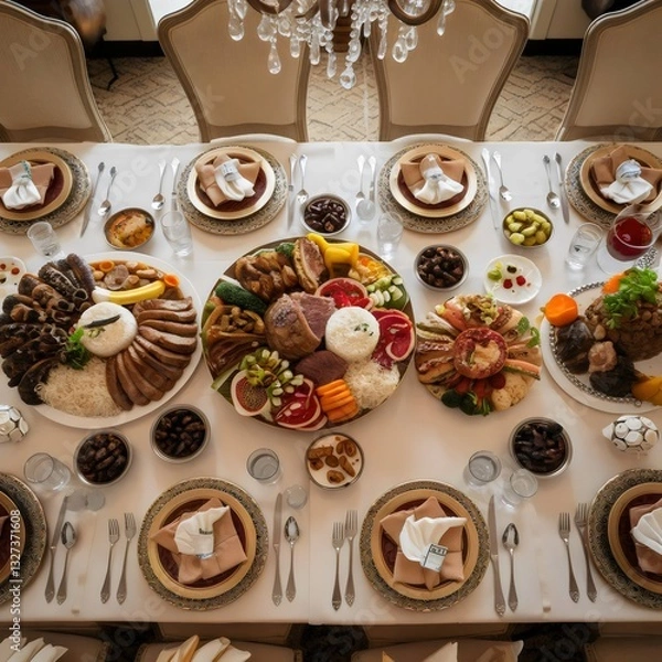 Fototapeta Grand Festive Table Setting with Abundant Dishes and Elegant Presentation