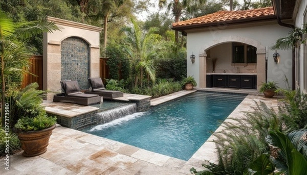 Fototapeta Elegant mediterranean courtyard pool with lounge chairs and waterfall feature