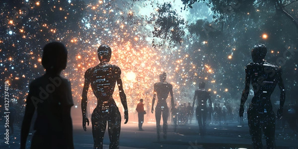 Fototapeta A group of AI humanoid robots in a futuristic sci-fi environment, symbolizing the evolution of artificial intelligence and the digital transformation of human civilization