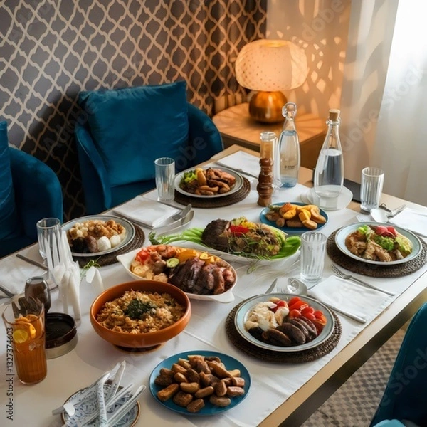 Fototapeta  Luxurious Dining Experience with Assorted Dishes and Elegant Table Setting