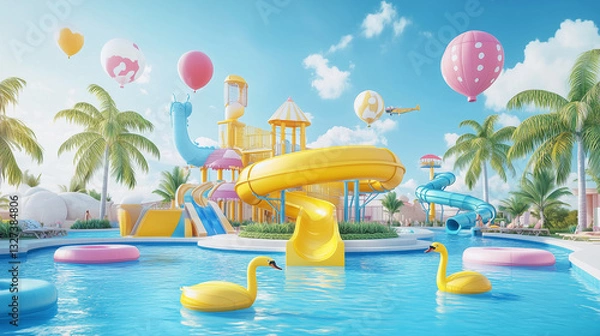 Obraz Yellow slide is in the water with a pink balloon floating above it