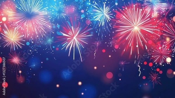 Fototapeta Colorful fireworks display explodes across a dark blue night sky