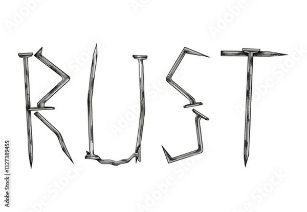 Fototapeta Word "Rust" is drawn. The word is depicted as rusty nails. A vector illustration in black, isolated on a white background.
