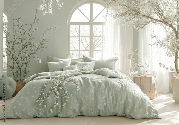 Obraz Serene Sage Green Bedroom Decor with Soft Bedding and Natural Light