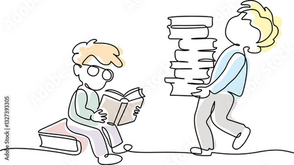 Obraz Two boys pupils sitting and standing with books in library. Students are preparing for lesson