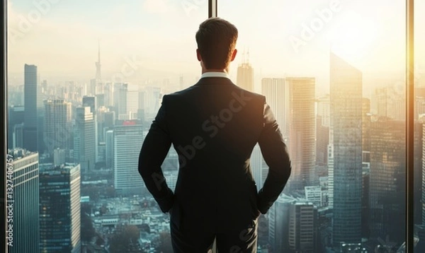 Fototapeta A businessman in a suit stands at the window of his office, overlooking the cityscape and contemplating future business planning and corporate strategy