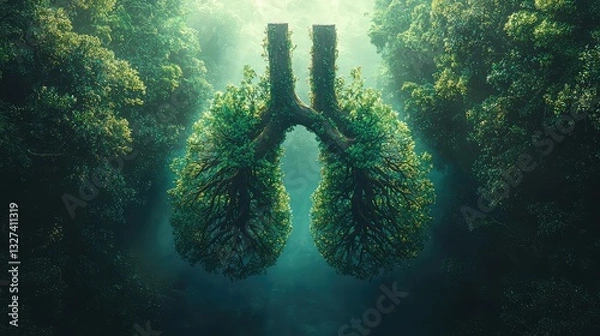 Fototapeta Lush Green Forest Forming Lungs Shape Symbolize Nature's Breath Clean Air Environmental Conservation Concept