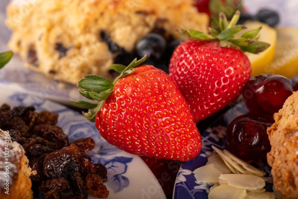 Fototapeta A plate of food with a strawberry on it. The plate is blue and white. There are other fruits and pastries on the plate