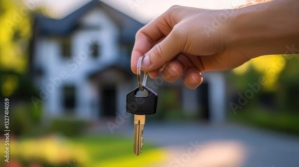 Fototapeta Hand holds new house key in front of blurred home exterior on bright day, symbolizing real estate purchase and homeownership