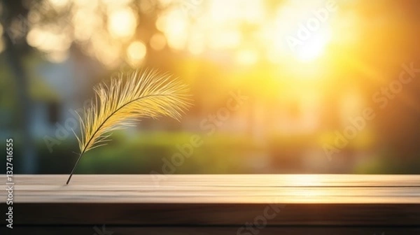 Fototapeta A delicate feather rests on a wooden surface, illuminated by the warm glow of a sunset, creating a tranquil and serene atmosphere, Ideal for themes of nature, peace, wellness, and mindfulness,