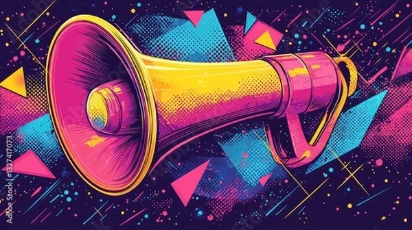 Fototapeta Vibrant Retro Megaphone Announcement Design Element Bold Pink Yellow Graphic Illustration  Perfect for Advertising Marketing and Promotion