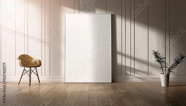Fototapeta vertical mockup of blank canvas or picture frame for big vertical poster in white minimalistic interior empty living room exhibition with warm sunny light