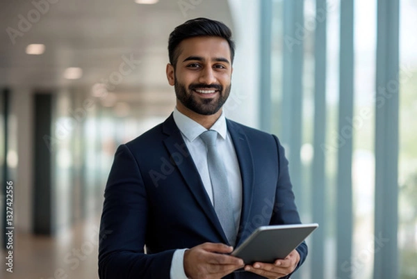 Obraz Confident Indian business man leader looking aside walking in office. Busy professional businessman going in hallway holding digital tablet thinking of work plan using tab computer. Authentic photo