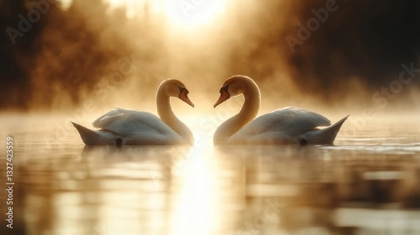 Obraz A romantic pair of swans gracefully gliding across the tranquil water, radiating warmth from the soft morning light, symbolizing love and companionship.