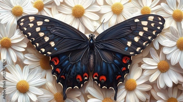 Fototapeta Majestic Black Swallowtail Butterfly Resting Gracefully Amongst Delicate White Daisies in a Stunning Close-Up Studio Shot