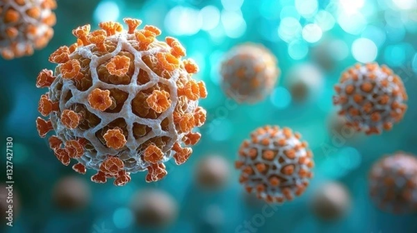 Fototapeta Microscopic 3D Rendering of a Coronavirus Particle Detailed View Showing Viral Structure and Surface Spikes  High Resolution Medical Illustration