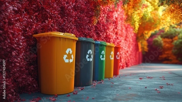 Fototapeta Colorful Recycling Bins Against Vibrant Autumn Foliage Background, Eco-Friendly Waste Disposal and Environmental Conservation Concept