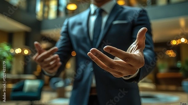 Fototapeta Confident Businessman Offering Handshake, Welcoming Gesture in Modern Office Lobby,  Professional Corporate Dealmaking, Successful Entrepreneur Presenting Opportunity