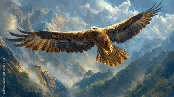 Fototapeta Majestic Golden Eagle Soaring High Above Dramatic Mountain Peaks in a Breathtaking Flight Display