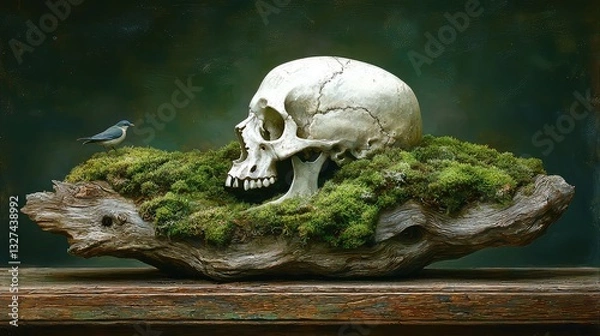 Fototapeta Still Life Photography of a Human Skull on Mossy Log with a Small Bird, Dark Green Background, Surreal and Eerie Atmosphere, Artistic Composition