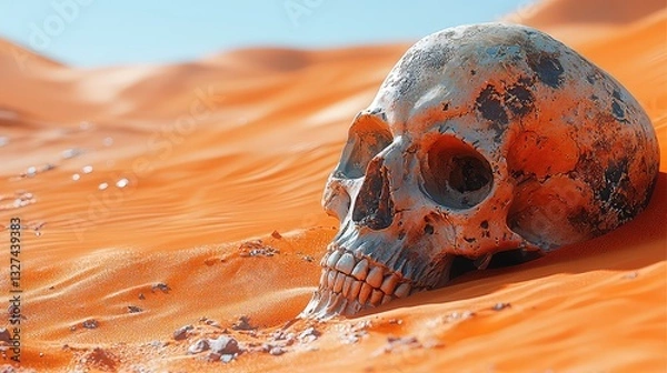 Fototapeta Weathered Skull in Desert Sands Dramatic Close-up Shot of a Human Skull Partially Buried in Vibrant Orange Sand Dunes Under a Bright Sunny Sky