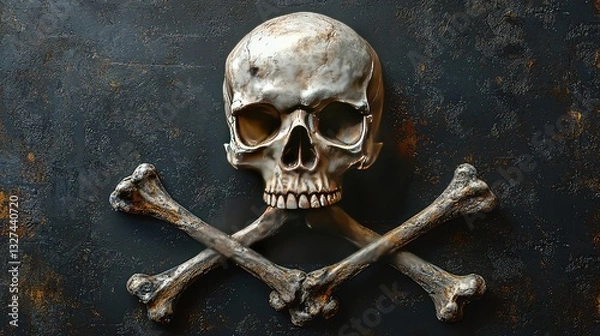 Fototapeta Dark Moody Still Life Photography of Human Skull and Crossbones on Rustic Background, Halloween Concept, Memento Mori, Vintage Style, Dramatic Lighting