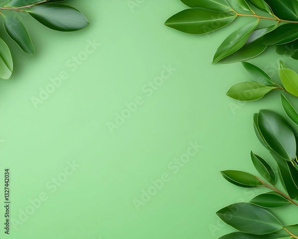 Fototapeta Fresh green leaves arranged in a frame on a light mint green background