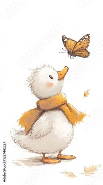 Fototapeta Watercolor Duckling with Scarf Gazing at Butterfly in a Whimsical Scene