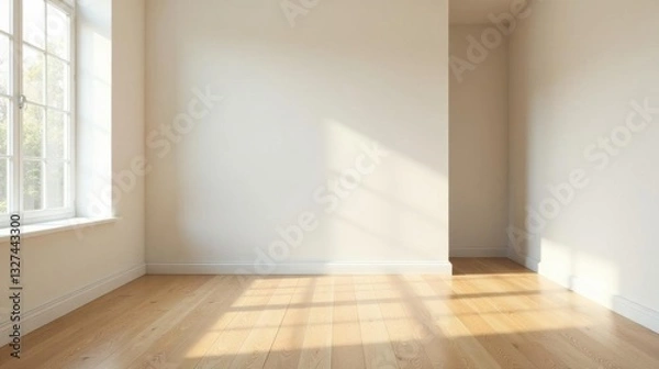 Fototapeta Sunlit Empty Room with Hardwood Floor and White Walls Ideal for Interior Design Projects